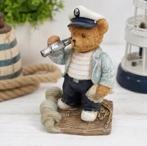 Vintage Nautical Sailor Teddy Bear Figurine Resin Telescope Maritime Decor 5”